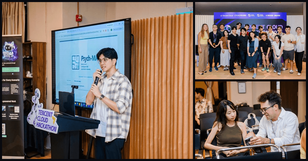Builders presenting, gathering and exchanging feedback at the Tencent Cloud Hackathon Singapore Demo Day